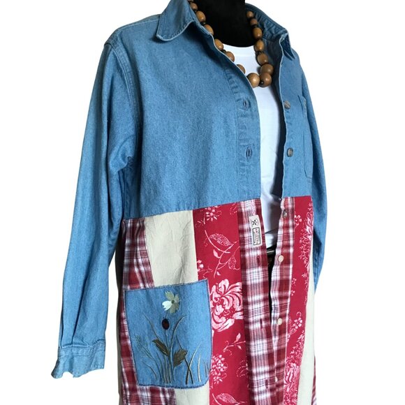 Patchwork Duster, Size L: Upcycled Button-Down Boho Jacket Dress, Lady Bugs - Picture 5 of 13